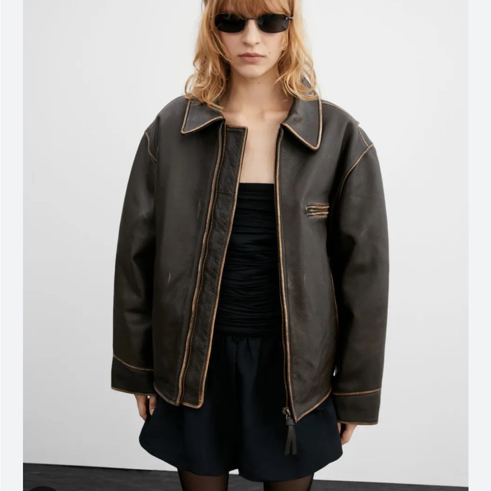 Mango MNG Leather Jacket - Dark Brown